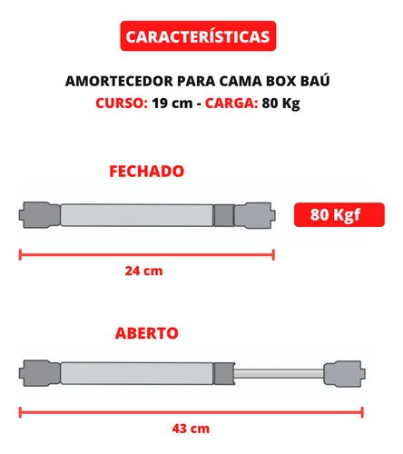 Pistão Mola Gás Amortecedor P/ Cama Box Baú Casal 784n/80kgf - Imagem 4