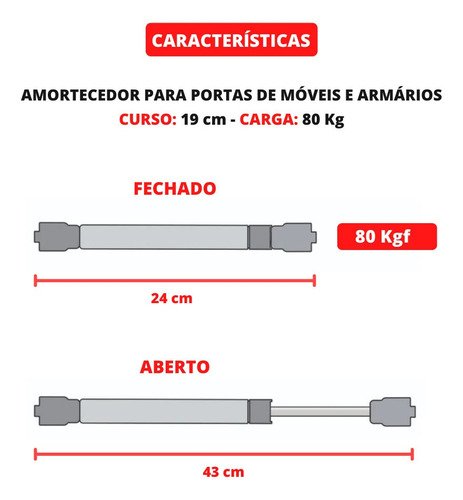 Amortecedor Pistão Mola Gás Porta Móveis Armários 784n/80kgf - Imagem 5