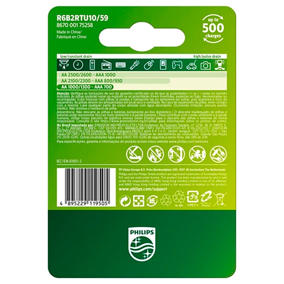 02 Pilhas Aaa Recarregáveis 1000mah Philips - Imagem 2