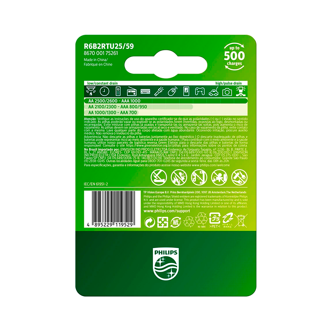 02 Pilhas Aa Recarregáveis 2500mah Philips - Imagem 2